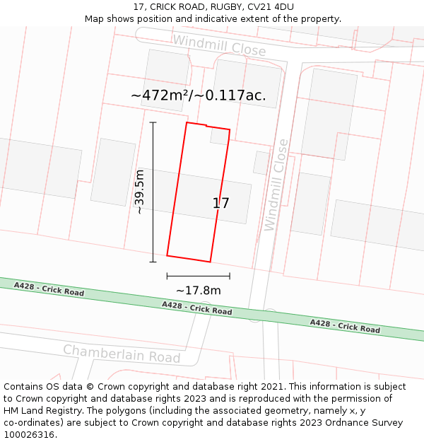 17, CRICK ROAD, RUGBY, CV21 4DU: Plot and title map
