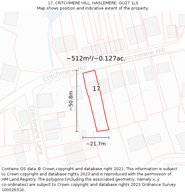 17, CRITCHMERE HILL, HASLEMERE, GU27 1LS: Plot and title map