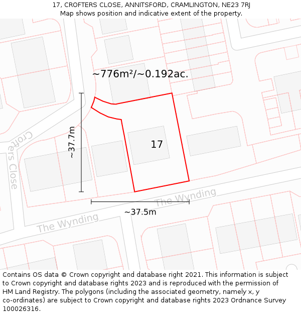 17, CROFTERS CLOSE, ANNITSFORD, CRAMLINGTON, NE23 7RJ: Plot and title map