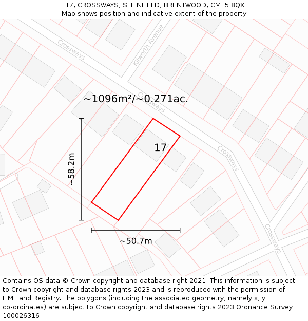 17, CROSSWAYS, SHENFIELD, BRENTWOOD, CM15 8QX: Plot and title map