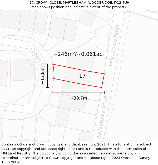 17, CROWN CLOSE, MARTLESHAM, WOODBRIDGE, IP12 4UH: Plot and title map