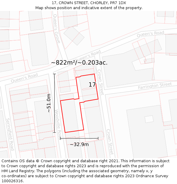 17, CROWN STREET, CHORLEY, PR7 1DX: Plot and title map