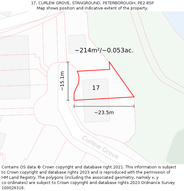 17, CURLEW GROVE, STANGROUND, PETERBOROUGH, PE2 8SP: Plot and title map