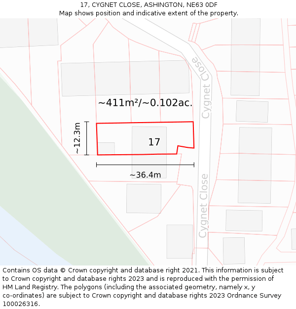 17, CYGNET CLOSE, ASHINGTON, NE63 0DF: Plot and title map