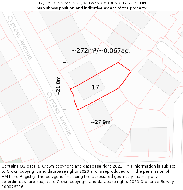 17, CYPRESS AVENUE, WELWYN GARDEN CITY, AL7 1HN: Plot and title map