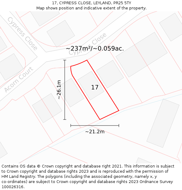 17, CYPRESS CLOSE, LEYLAND, PR25 5TY: Plot and title map