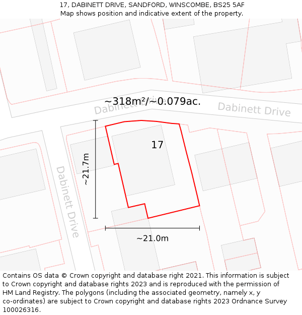 17, DABINETT DRIVE, SANDFORD, WINSCOMBE, BS25 5AF: Plot and title map
