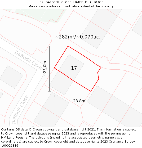 17, DAFFODIL CLOSE, HATFIELD, AL10 9FF: Plot and title map
