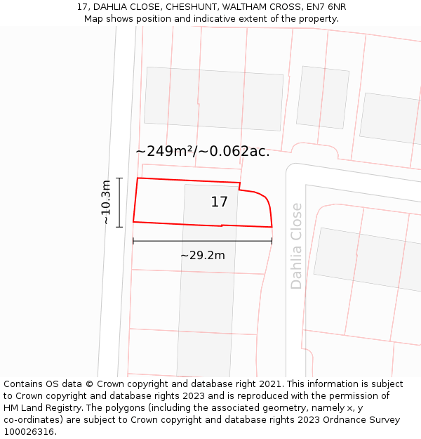 17, DAHLIA CLOSE, CHESHUNT, WALTHAM CROSS, EN7 6NR: Plot and title map
