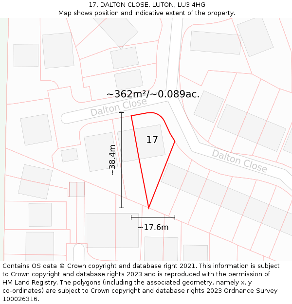 17, DALTON CLOSE, LUTON, LU3 4HG: Plot and title map