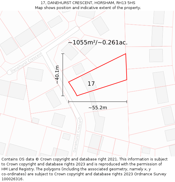 17, DANEHURST CRESCENT, HORSHAM, RH13 5HS: Plot and title map