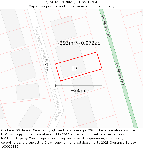 17, DANVERS DRIVE, LUTON, LU3 4EF: Plot and title map