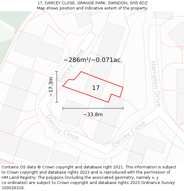 17, DARCEY CLOSE, GRANGE PARK, SWINDON, SN5 6DZ: Plot and title map