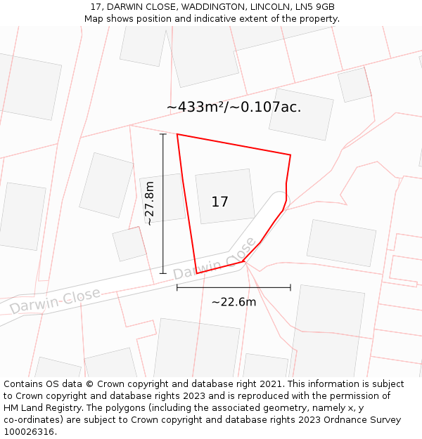 17, DARWIN CLOSE, WADDINGTON, LINCOLN, LN5 9GB: Plot and title map
