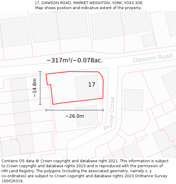 17, DAWSON ROAD, MARKET WEIGHTON, YORK, YO43 3GE: Plot and title map
