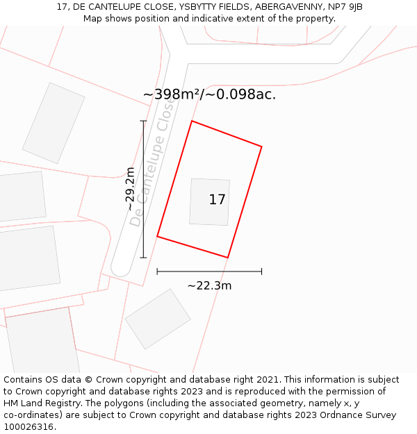 17, DE CANTELUPE CLOSE, YSBYTTY FIELDS, ABERGAVENNY, NP7 9JB: Plot and title map