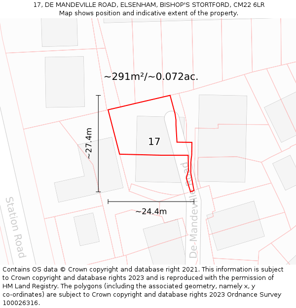 17, DE MANDEVILLE ROAD, ELSENHAM, BISHOP'S STORTFORD, CM22 6LR: Plot and title map