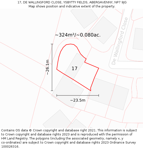 17, DE WALLINGFORD CLOSE, YSBYTTY FIELDS, ABERGAVENNY, NP7 9JG: Plot and title map