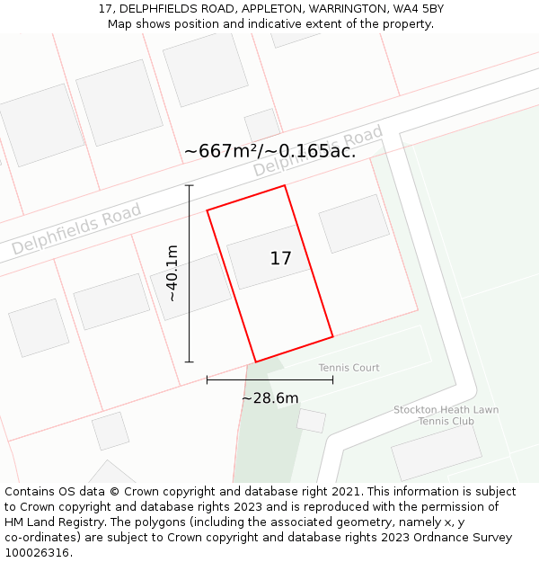 17, DELPHFIELDS ROAD, APPLETON, WARRINGTON, WA4 5BY: Plot and title map