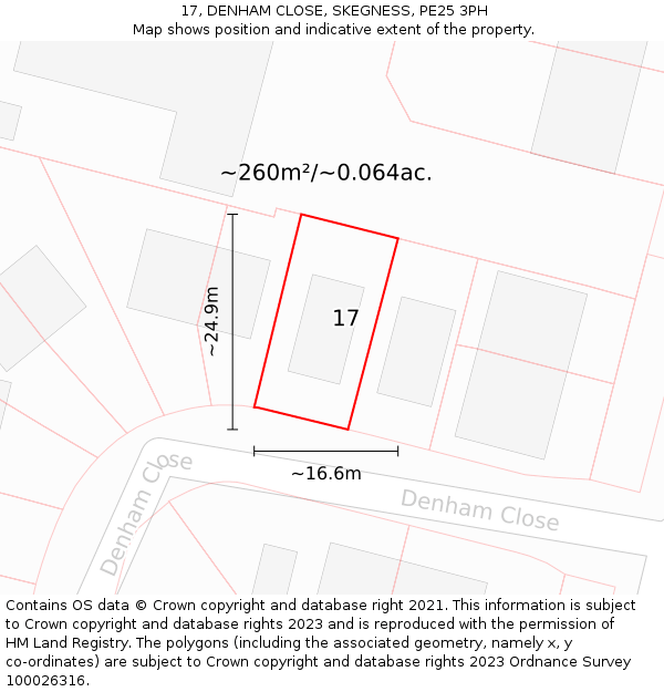17, DENHAM CLOSE, SKEGNESS, PE25 3PH: Plot and title map