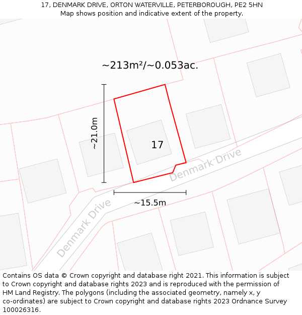 17, DENMARK DRIVE, ORTON WATERVILLE, PETERBOROUGH, PE2 5HN: Plot and title map