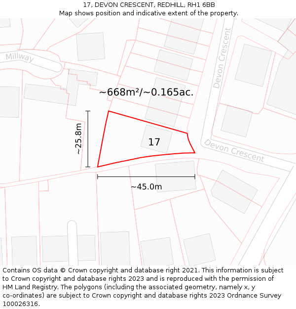 17, DEVON CRESCENT, REDHILL, RH1 6BB: Plot and title map