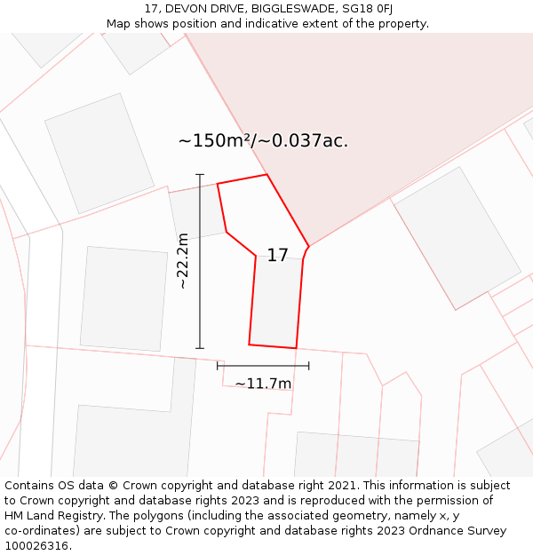 17, DEVON DRIVE, BIGGLESWADE, SG18 0FJ: Plot and title map