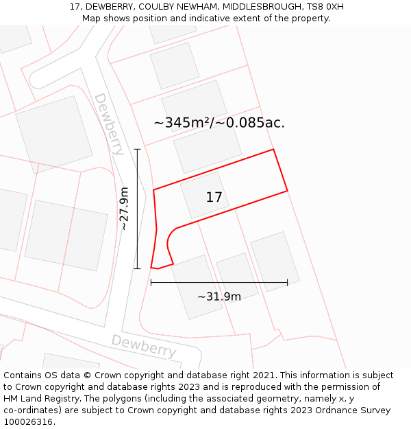 17, DEWBERRY, COULBY NEWHAM, MIDDLESBROUGH, TS8 0XH: Plot and title map