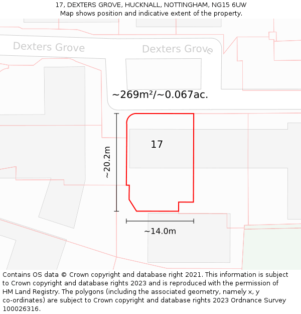 17, DEXTERS GROVE, HUCKNALL, NOTTINGHAM, NG15 6UW: Plot and title map