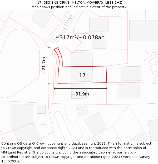 17, DICKENS DRIVE, MELTON MOWBRAY, LE13 1HZ: Plot and title map