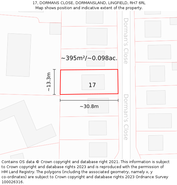 17, DORMANS CLOSE, DORMANSLAND, LINGFIELD, RH7 6RL: Plot and title map