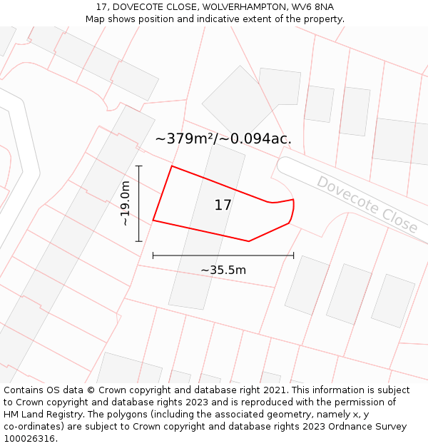 17, DOVECOTE CLOSE, WOLVERHAMPTON, WV6 8NA: Plot and title map