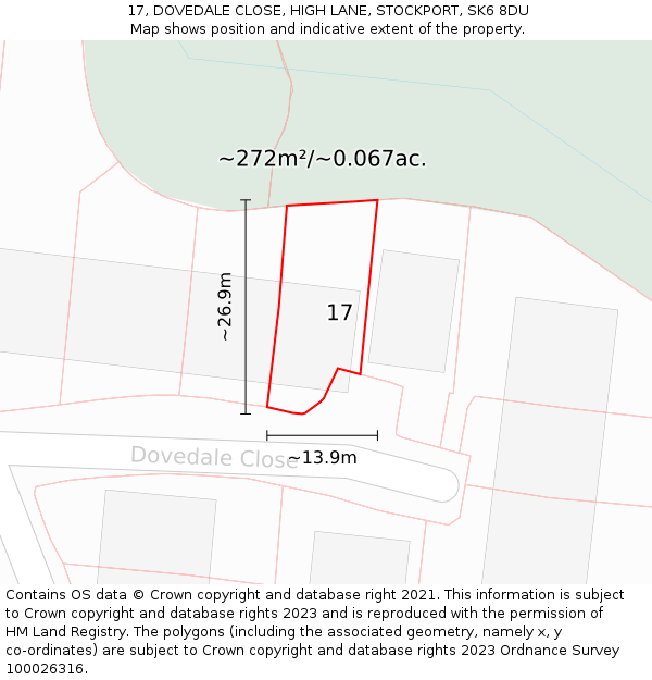17, DOVEDALE CLOSE, HIGH LANE, STOCKPORT, SK6 8DU: Plot and title map
