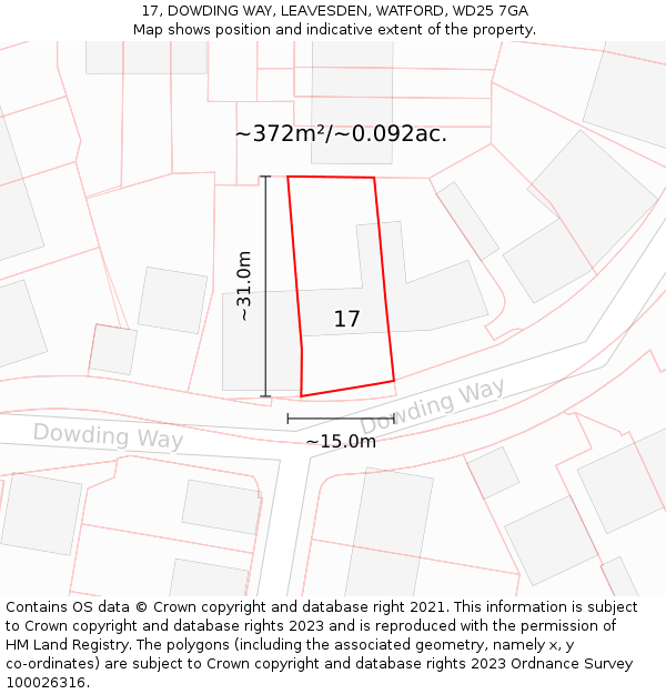 17, DOWDING WAY, LEAVESDEN, WATFORD, WD25 7GA: Plot and title map