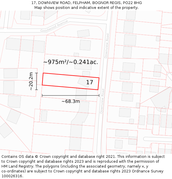 17, DOWNVIEW ROAD, FELPHAM, BOGNOR REGIS, PO22 8HG: Plot and title map