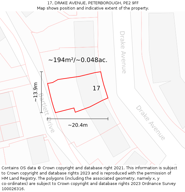 17, DRAKE AVENUE, PETERBOROUGH, PE2 9FF: Plot and title map