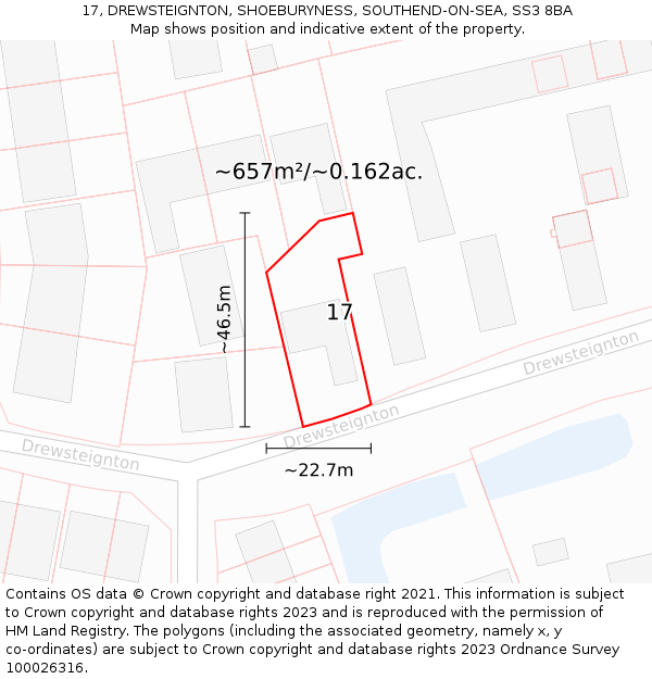 17, DREWSTEIGNTON, SHOEBURYNESS, SOUTHEND-ON-SEA, SS3 8BA: Plot and title map