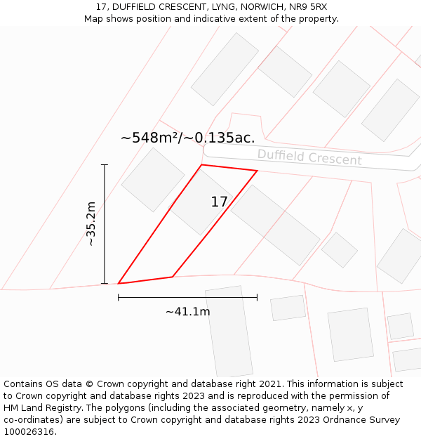 17, DUFFIELD CRESCENT, LYNG, NORWICH, NR9 5RX: Plot and title map