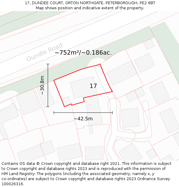 17, DUNDEE COURT, ORTON NORTHGATE, PETERBOROUGH, PE2 6BT: Plot and title map