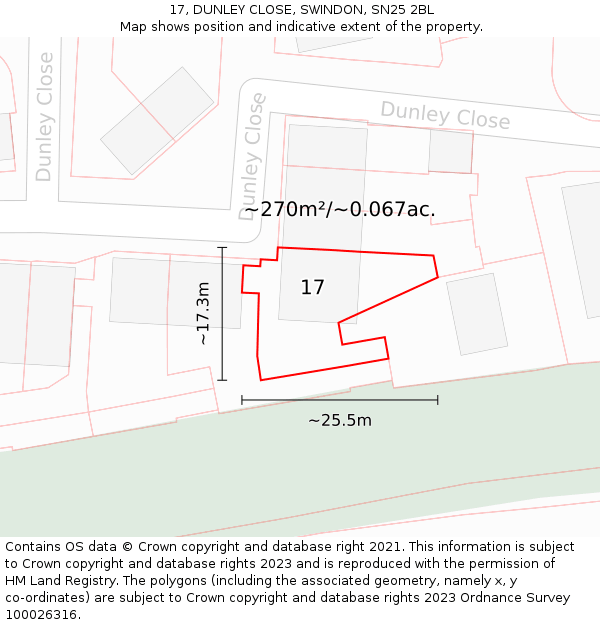 17, DUNLEY CLOSE, SWINDON, SN25 2BL: Plot and title map