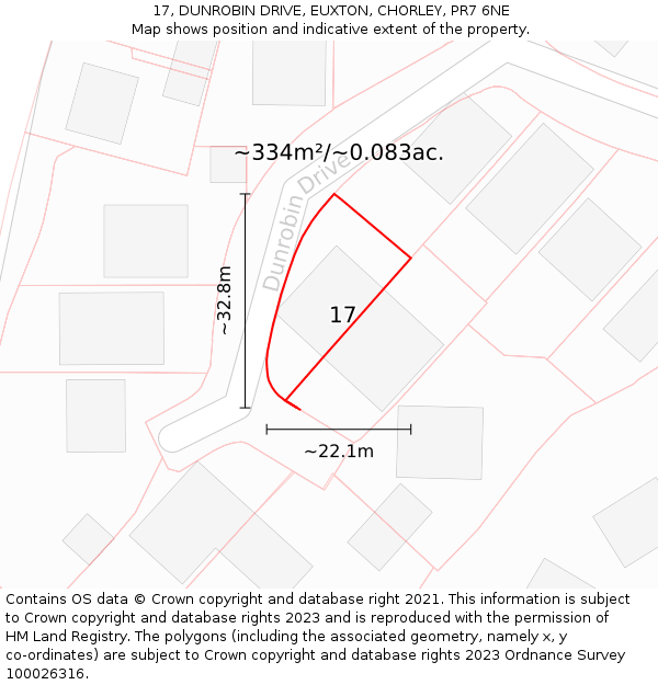 17, DUNROBIN DRIVE, EUXTON, CHORLEY, PR7 6NE: Plot and title map