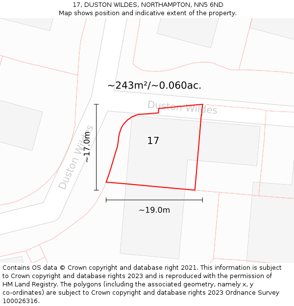 17, DUSTON WILDES, NORTHAMPTON, NN5 6ND: Plot and title map