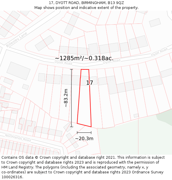 17, DYOTT ROAD, BIRMINGHAM, B13 9QZ: Plot and title map