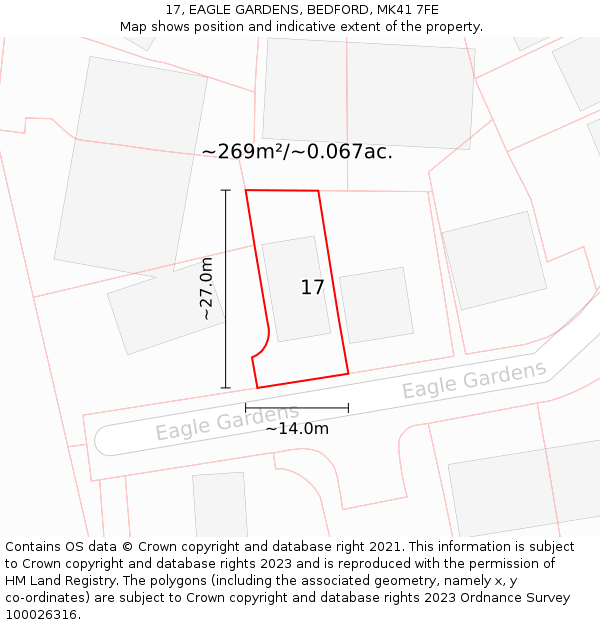 17, EAGLE GARDENS, BEDFORD, MK41 7FE: Plot and title map