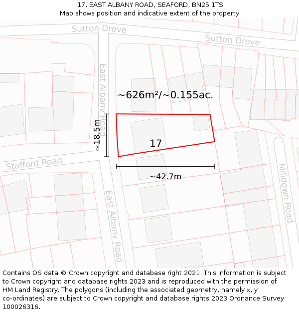 17, EAST ALBANY ROAD, SEAFORD, BN25 1TS: Plot and title map