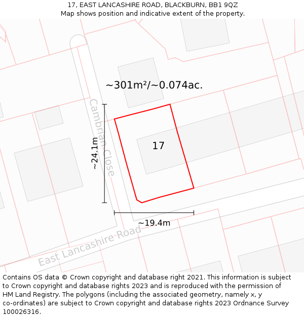 17, EAST LANCASHIRE ROAD, BLACKBURN, BB1 9QZ: Plot and title map