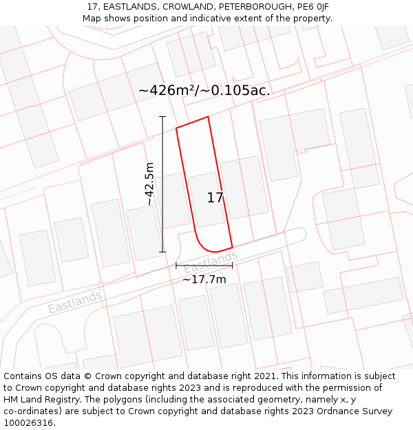 17, EASTLANDS, CROWLAND, PETERBOROUGH, PE6 0JF: Plot and title map
