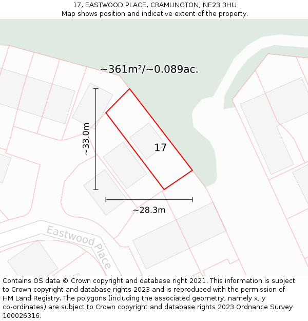 17, EASTWOOD PLACE, CRAMLINGTON, NE23 3HU: Plot and title map