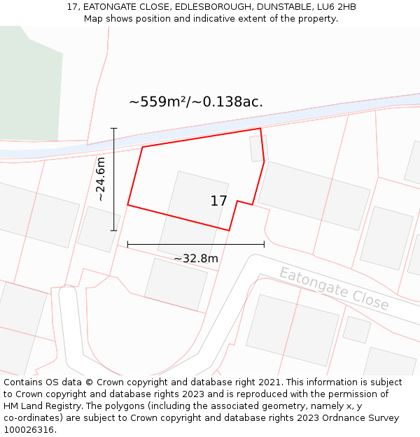 17, EATONGATE CLOSE, EDLESBOROUGH, DUNSTABLE, LU6 2HB: Plot and title map