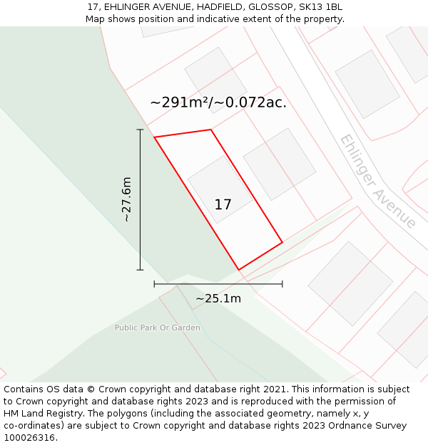 17, EHLINGER AVENUE, HADFIELD, GLOSSOP, SK13 1BL: Plot and title map